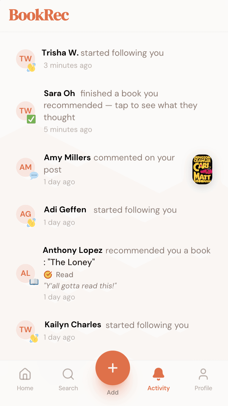 BookRec activity feed with follows, comments, and recommendations