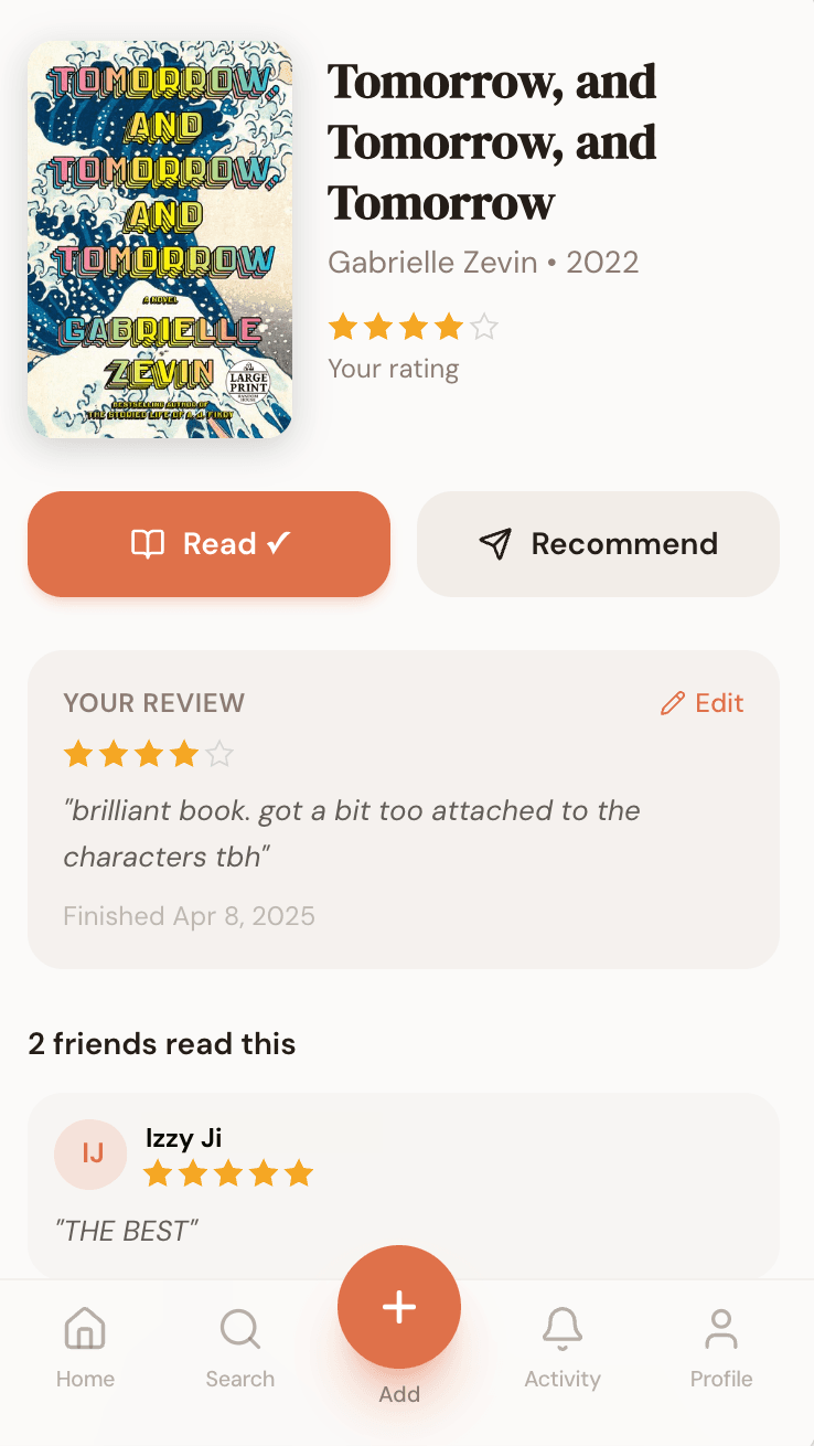 BookRec book detail page with a rating and review, and friends who read it