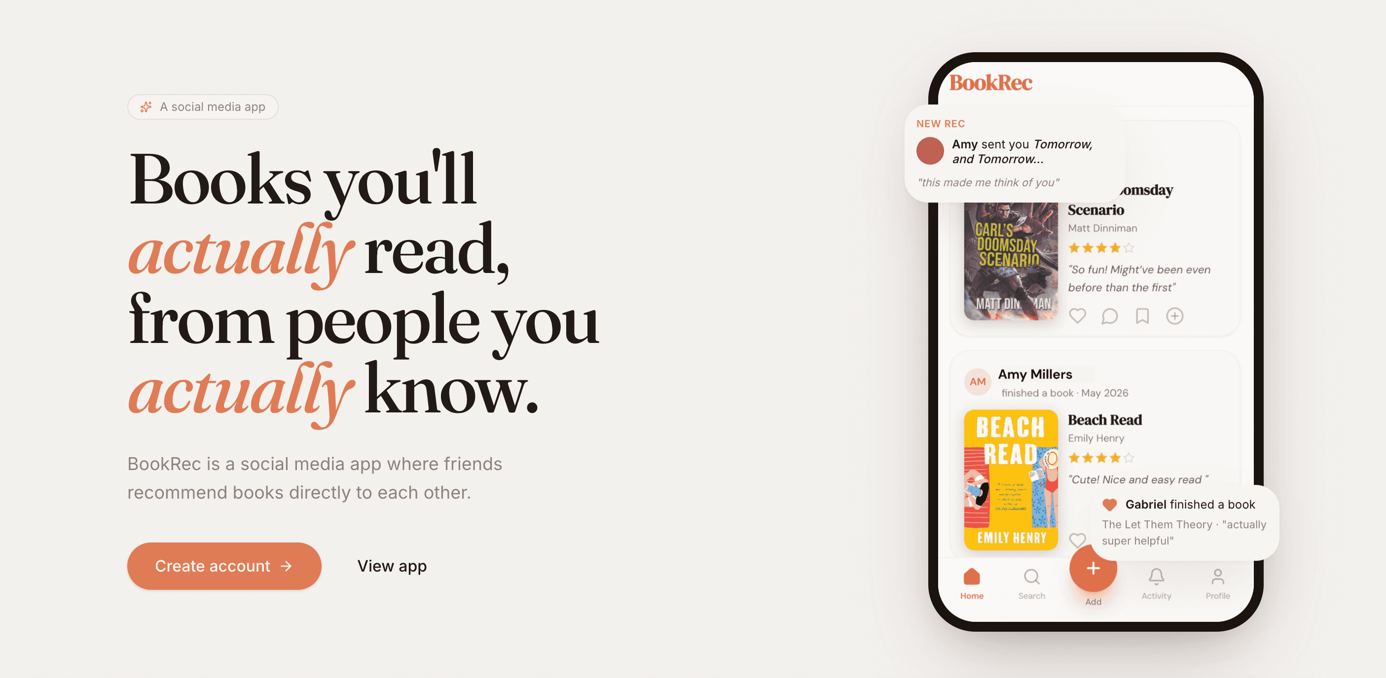 BookRec marketing page: Books you'll actually read, from people you actually know