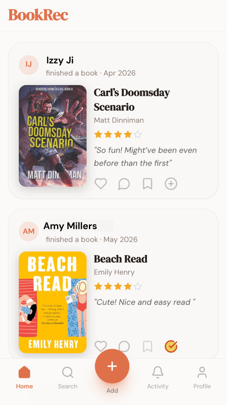 BookRec home feed showing friends' recent book activity