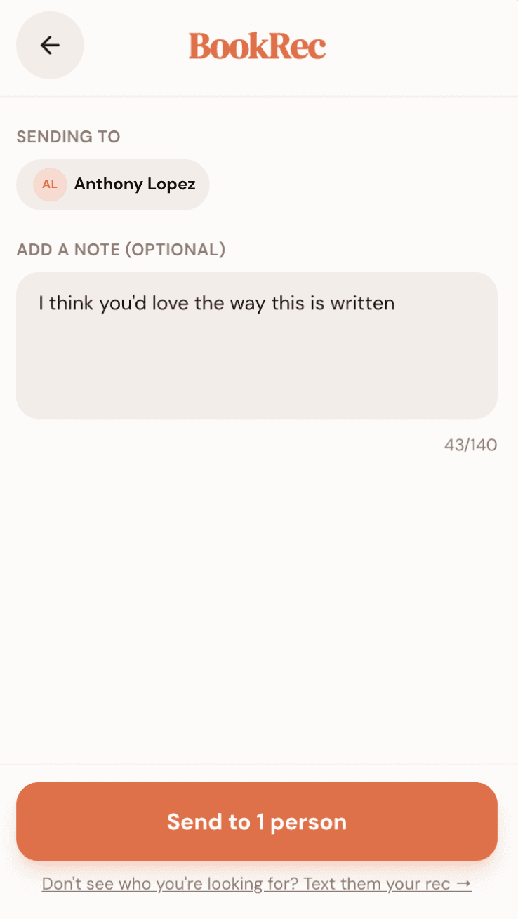 BookRec screen for adding a personal note to a recommendation