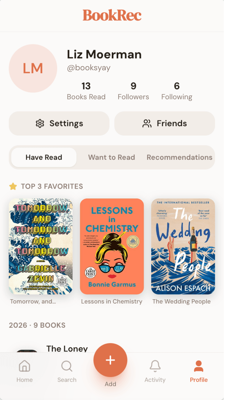 BookRec profile page with top 3 favorite books and reading stats