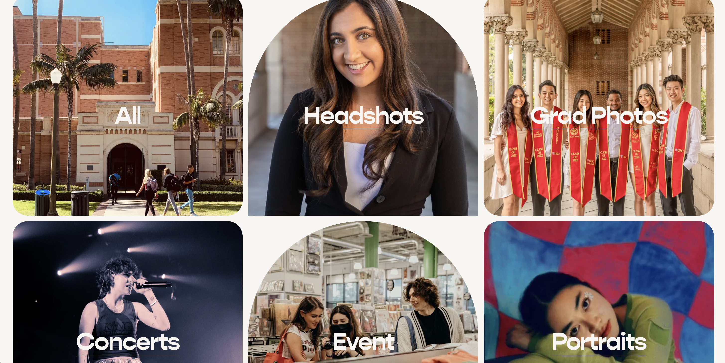 Pictur category grid: Headshots, Grad Photos, Concerts, Event, Portraits