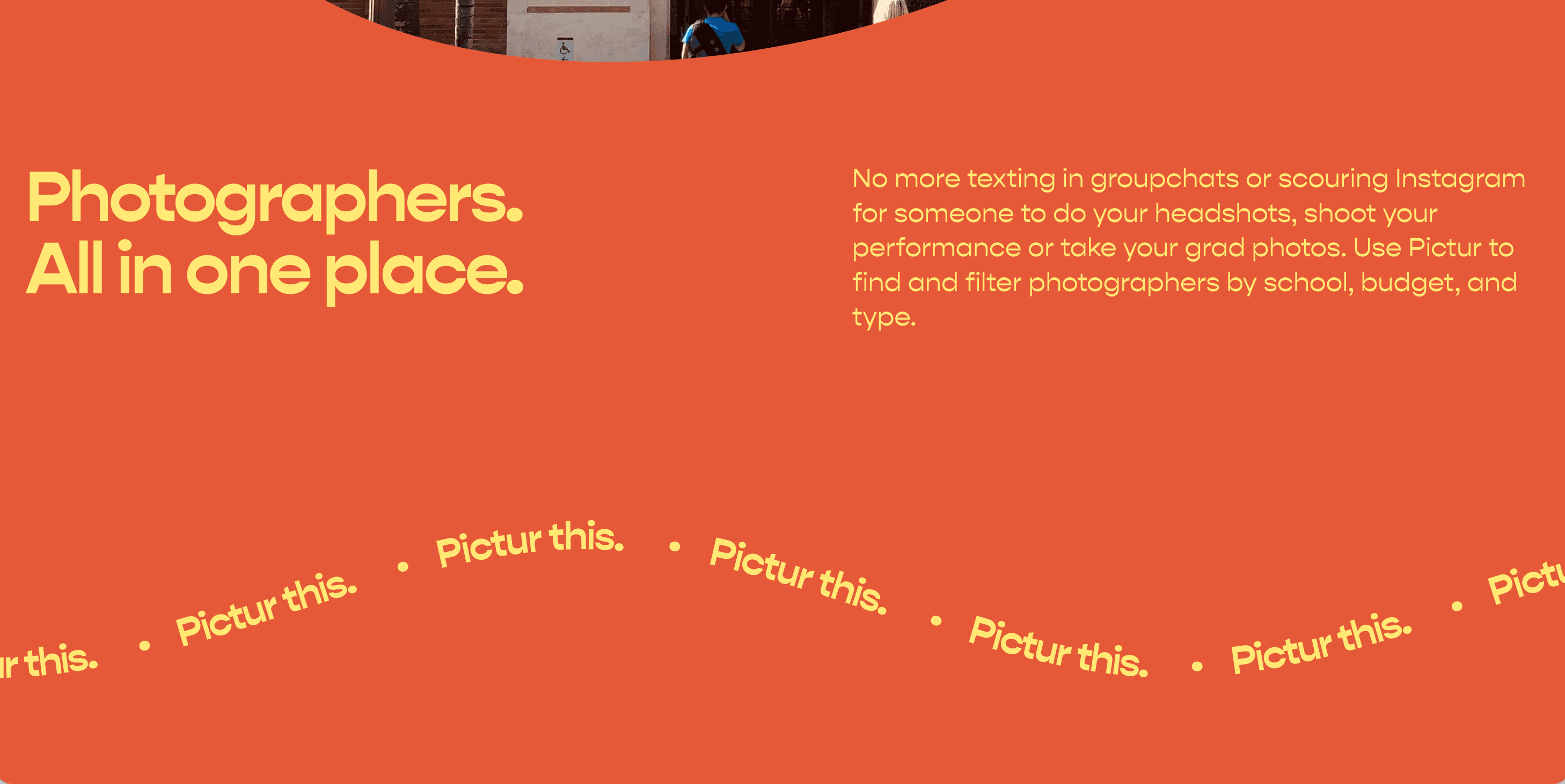 Pictur marketing page describing filtering photographers by school, budget, and shoot type